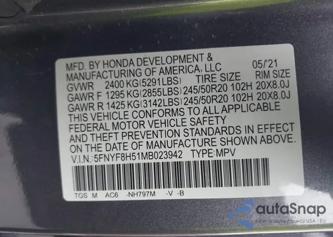 2021 Honda Passport Awd Ex-L from USA, damaged, VIN 5FNYF8H51MB023942